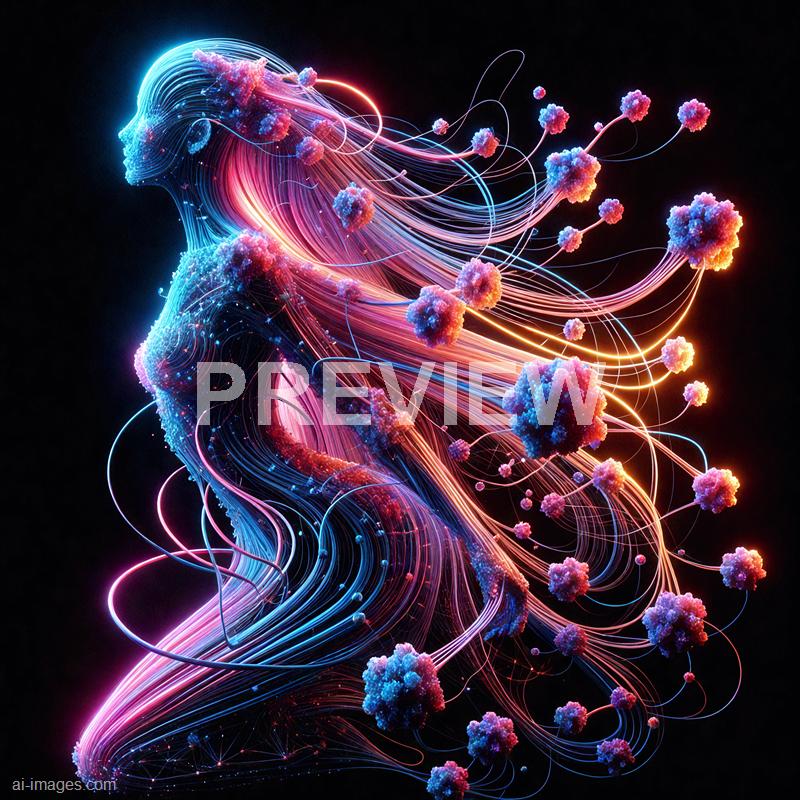 The image depicts a highly stylized, digital artistic representation of a human figure, primarily composed of flowing, luminous lines in shades of pink, blue, and purple. Surrounding and intertwined with the figure are numerous spherical structures resembling viruses or cells, connected by thin, glowing filaments, creating a dynamic and vibrant scene against a dark background. The overall composition suggests a fusion of biological and technological themes, with a focus on energy, connectivity, and microscopic elements.